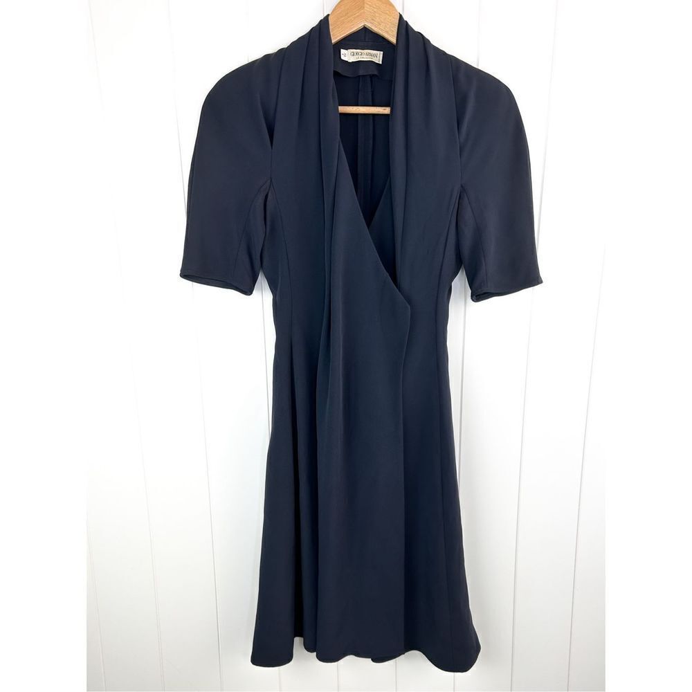 Giorgio Armani Le Collezioni Vintage Padded Shoulder Navy Elegant Wrap Dress 6